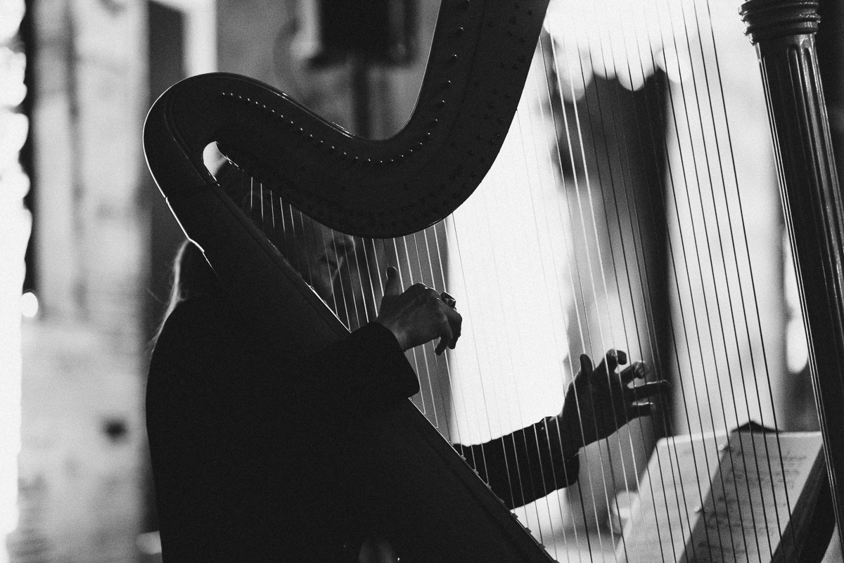 Black and White Harpist Stock Photo